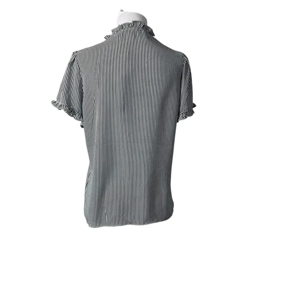 New with Tags T Tahari Black White Striped Button Down Ruffle Blouse S - Picture 5 of 6